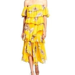 MISA Los Angeles Yellow Floral Ruffle Off Shoulder Tiered Midi Dress XS NWT